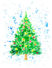 Christmas Fir Tree with Balls Covered by Snowflakes as Postcard. Watercolor Hand Drawn and Painted. Isolated on White Background - 230345702