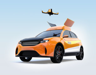 Quadcopter drone take off from orange electric rescue SUV. 3D rendering image.