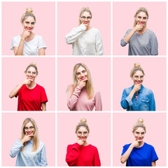 Obraz premium Collage of young beautiful blonde woman over pink isolated background looking confident at the camera with smile with crossed arms and hand raised on chin. Thinking positive.