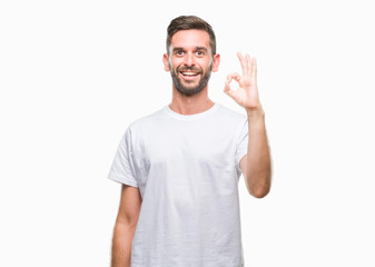 Fototapeta premium Young handsome man over isolated background smiling positive doing ok sign with hand and fingers. Successful expression.