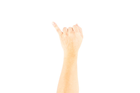 Asian male hand showing little finger means promise on white background.