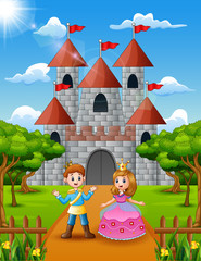 Fototapeta na wymiar Couple princess and prince standing in front of the castle