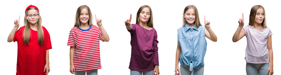 Collage of young beautiful little girl kid over isolated background showing and pointing up with finger number one while smiling confident and happy.