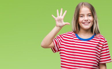 Young beautiful girl over isolated background showing and pointing up with fingers number five while smiling confident and happy.