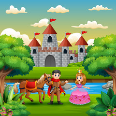 Obraz na płótnie Canvas Scene with prince and princess on the edge of the river