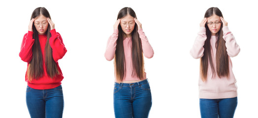 Collage of young beautiful Chinese woman over isolated background with hand on head for pain in head because stress. Suffering migraine.