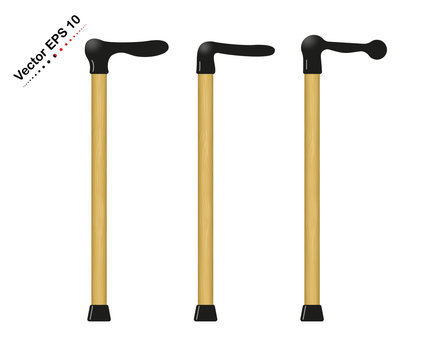Set wooden walking stick cane, assistance, medical. Vector illustration isolated on white background.