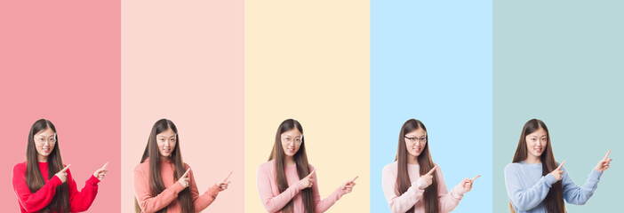 Collage of beautiful asian woman over colorful stripes isolated background smiling and looking at the camera pointing with two hands and fingers to the side.