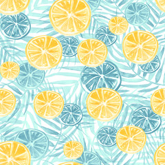 Watercolor abstract seamless background, pattern, spot, splash of paint, blot, divorce, color. green leaves of a tree, palms, abstract fruit, citrus, lemon, orange. abstract yellow,Orange splash © helgafo