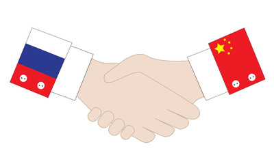 Vector of concept friendship countries, handshake business agreement deal China and Russia, illustration