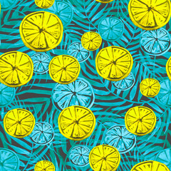 Fototapeta na wymiar Watercolor abstract seamless background, pattern, spot, splash of paint, blot, divorce, color.blue, orange, yellow leaves of a tree, palms, abstract fruit, citrus, orange. abstract splash. 