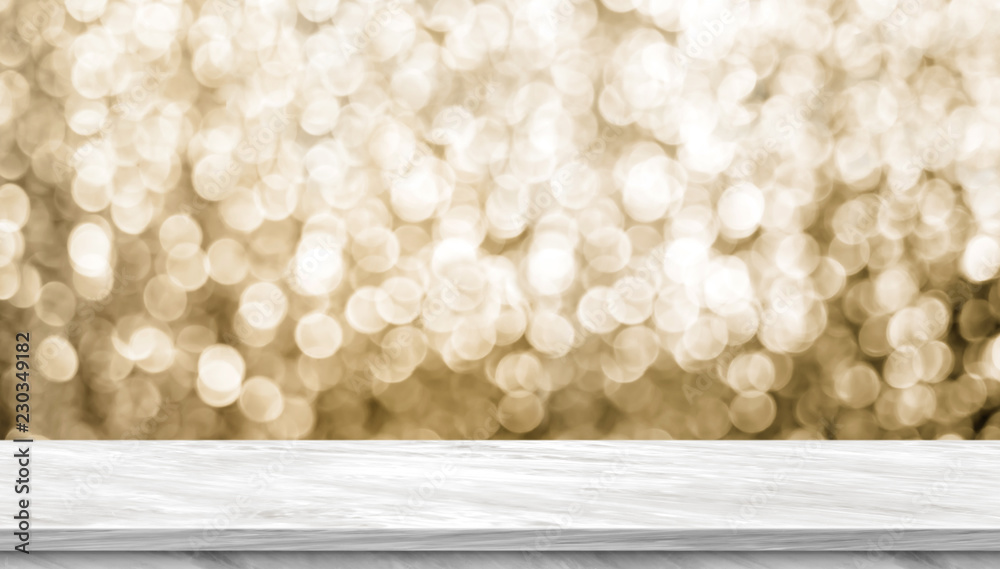 Aufkleber empty light grey marble glossy table top with blur sparkling gold bokeh abstract background,panorami