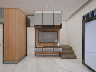 Interior design of living room with tv cabinets and television , 3d rendering