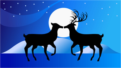 Vector illustration silhouette image of two lover reindeer kissing under full moon in the night of Christmas winter background.