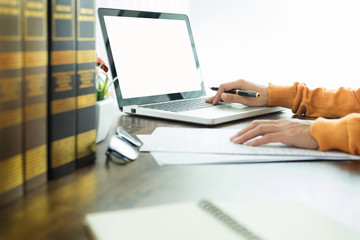 Attractive Young beautiful entrepreneur Woman smiling and looking at laptop screen, Working from Home.