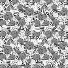 Watercolor abstract seamless background, pattern, spot, splash of paint, blot, divorce, color. black leaves of a tree, palms,abstract fruit, citrus, orange.abstract splash.black, white paint color. 