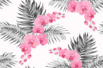 Bright pink purple orchid phalaenopsis exotic flowers bouquet with tropical jungle palm tree leaves. Greyscale color contrast white background. Seamless pattern texture for fashion, textile, fabric. - obrazy, fototapety, plakaty