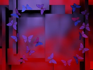 Abstract background of geometric shapes in crimson-blue colors with butterflies. 3D illustration