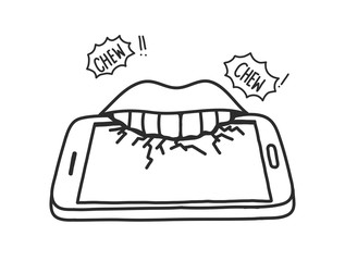 Symptoms of nomophobia just like an eating the smartphone. Doodle is drawn by hand on the tablet. Vector illustration.