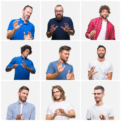 Fototapeta na wymiar Collage of group of men over white isolated background disgusted expression, displeased and fearful doing disgust face because aversion reaction. With hands raised. Annoying concept.