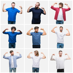 Obraz premium Collage of group of men over white isolated background showing arms muscles smiling proud. Fitness concept.