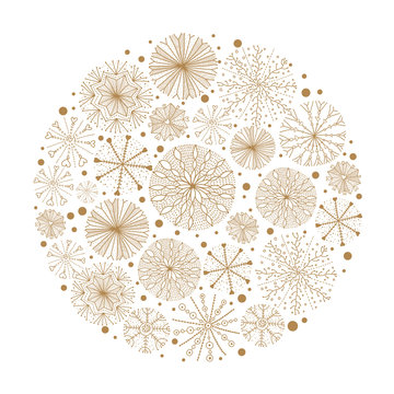 Merry Christmas Around Gold Motif With Snowflakes, Vector Illustration