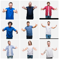 Obraz premium Collage of group of men over white isolated background looking at the camera smiling with open arms for hug. Cheerful expression embracing happiness.
