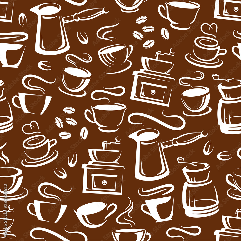 Wall mural Steaming coffee cups brown seamless pattern