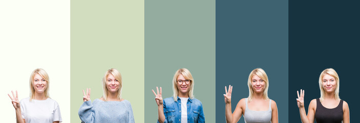 Collage of beautiful blonde woman over green vintage isolated background showing and pointing up with fingers number three while smiling confident and happy.
