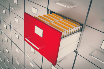 Open filing cabinet drawer with documents inside