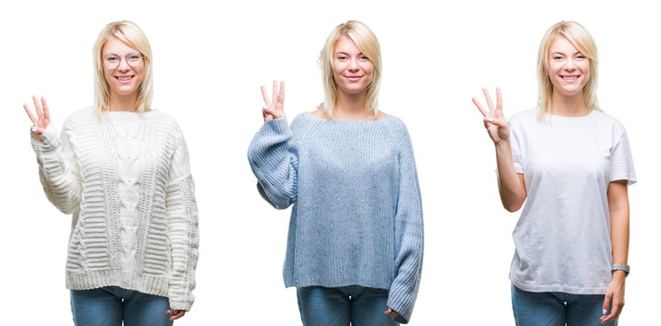 Collage of beautiful blonde woman wearing winter sweater over isolated background showing and pointing up with fingers number three while smiling confident and happy.