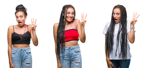 Collage of beautiful braided hair african american woman with birth mark over isolated background showing and pointing up with fingers number three while smiling confident and happy.