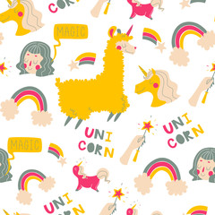 Seamless Pattern with Cute Unicorns, Clouds, Rainbow, Stars and Other.
