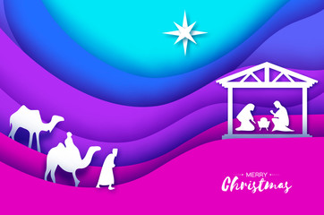 Birth of Christ. Baby Jesus in the manger. Holy Family. Magi. Three wise kings and star of Bethlehem - east comet. Nativity Christmas design in paper art style