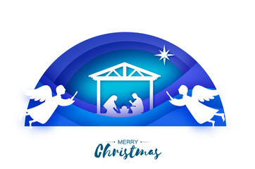 Birth of Christ. Baby Jesus in the manger. Holy Family. Magi. Angels. Star of Bethlehem - east comet. Nativity Christmas design in paper art style. Happy new year. SemiCircle tunnel frame. Blue.