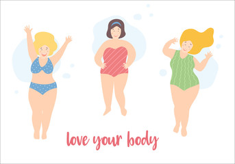 Fototapeta premium Happy smiling plus size girls wearing swimming suits and bikini, active postures. Body positive feminism quote. Pinup beach women. Vector illustration, cute cartoon flat style.