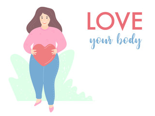 Love your body quote concept. Young plus size woman holding big red heart as a symbol of self acceptance. Vector illustration, cute cartoon flat minimal style.