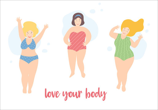 Happy smiling plus size girls wearing swimming suits and bikini, active postures. Body positive feminism quote. Pinup beach women. Vector illustration, cute cartoon flat style.