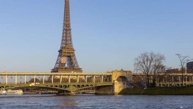4k Timelapse of Metro crossing Bir-Hakem bridge with Eiffel Tower in background - Paris, France