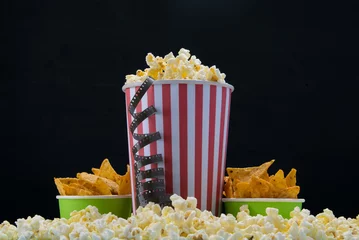 Printed roller blinds Buffet, Bar cinema snack, popcorn and two buckets of nachos on a black background