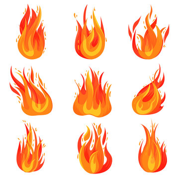 Flat vector set of bright red-orange fires. Hot blazing flames. Burning campfires. Cartoon symbol of danger