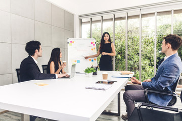 Group of casual business meeting and discussing with laptop computer.creative business people presenting and planning in modern workloft.Teamwork concept