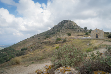 Hania, Crete - 09 25 2018: Polirinia. Small mountain village with archaeological remains and small...