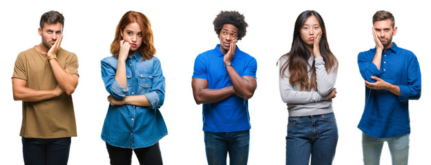 Composition of african american, hispanic and chinese group of people over isolated white background thinking looking tired and bored with depression problems with crossed arms.