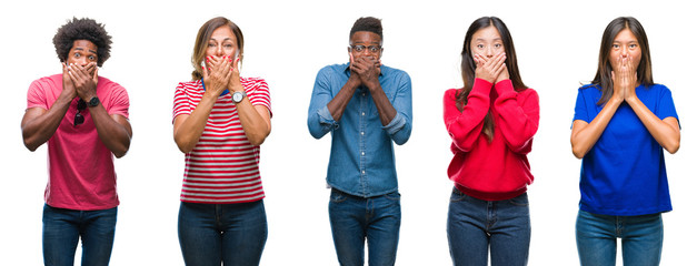 Composition of african american, hispanic and chinese group of people over isolated white background shocked covering mouth with hands for mistake. Secret concept.