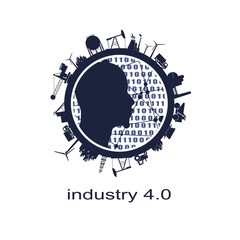 Circle with industry relative silhouettes. Objects located around the circle. Industrial design background. Binary code and human head in the center. Industry four point zero concept