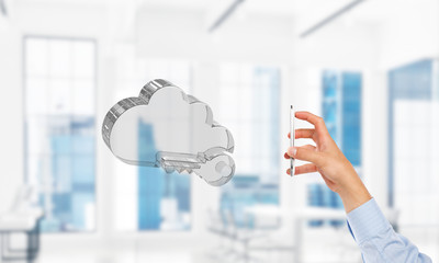 Male hand with smartphone and cloud computing concept in modern interior. Mixed media