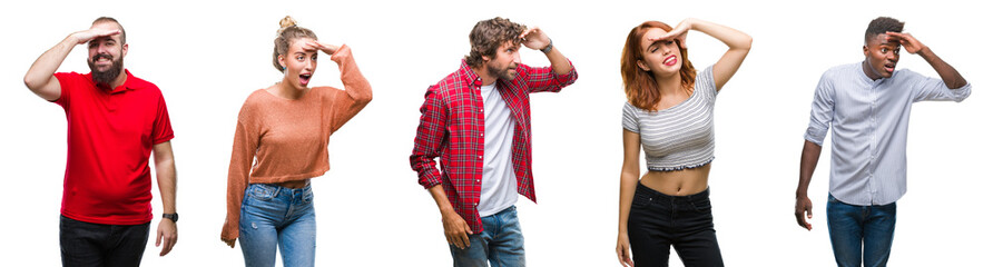 Collage of group of young people over colorful isolated background very happy and smiling looking far away with hand over head. Searching concept.