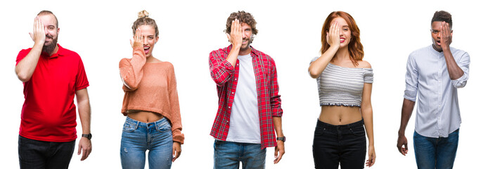 Collage of group of young people over colorful isolated background covering one eye with hand with confident smile on face and surprise emotion.