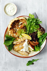 Balanced healthy food lunch fish fillet steak vegetables top view flat lay